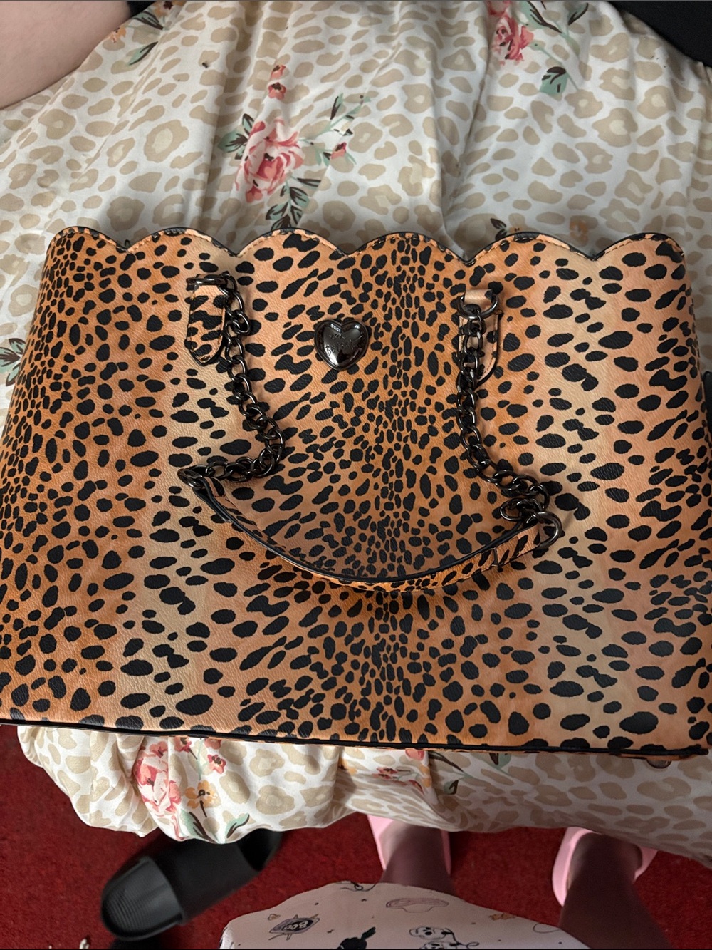 Leopard Print Scallop-Top Tote Bag - Black & Tan
